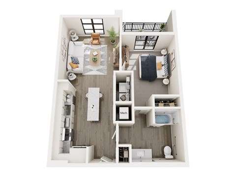 A top-down view of a small apartment with a kitchen, living room, and bathroom.